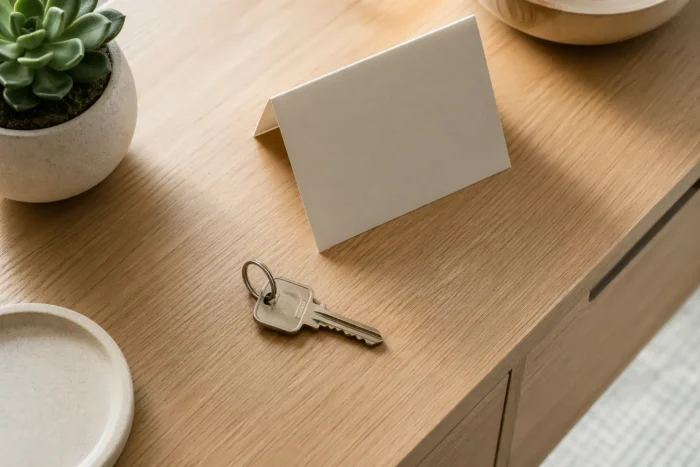 Key & welcome card on table